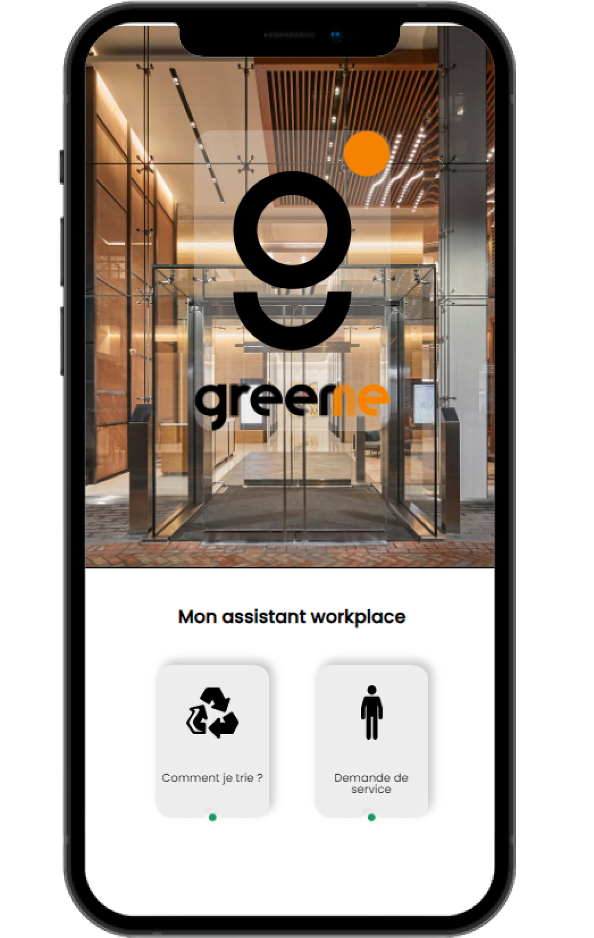 Écrans de la page d'accueil de l'application GreenMe de Greenoffice d'aide au tri pour les entreprises