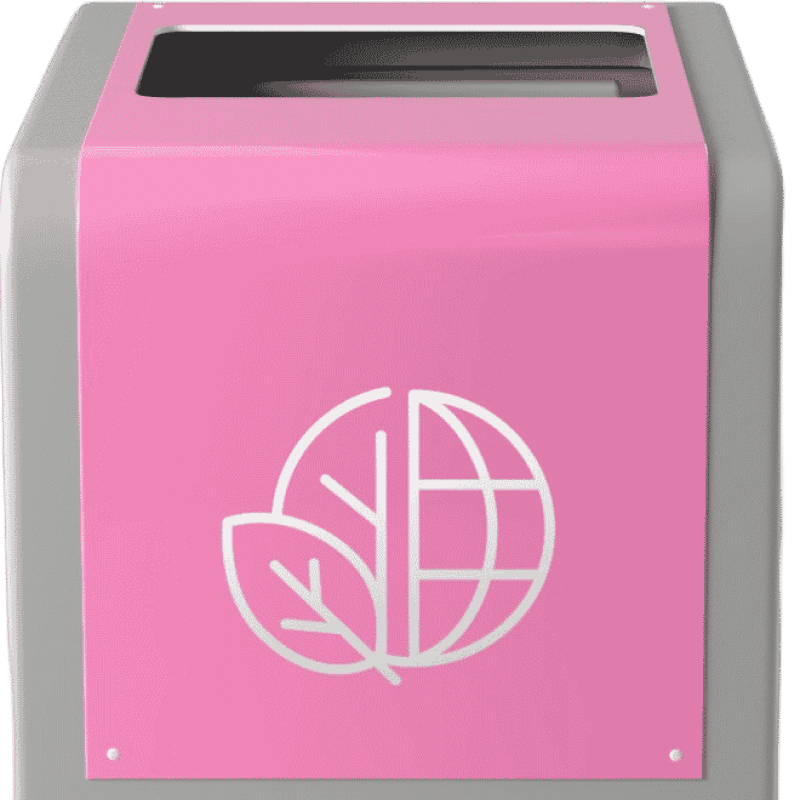Poubelle de tri Mini Agora pour la collecte des déchets, personnalisée en gris avec un plexiglas rose et un dessin RSE pour le recyclage des déchets.