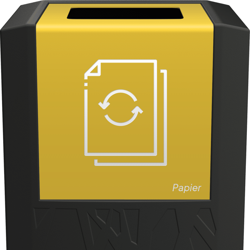 Poubelle de tri Sakura Greenoffice, personnalisable, noir avec plexiglas jaune et dessin de déchet papier, ouverture carré pour le recyclage.