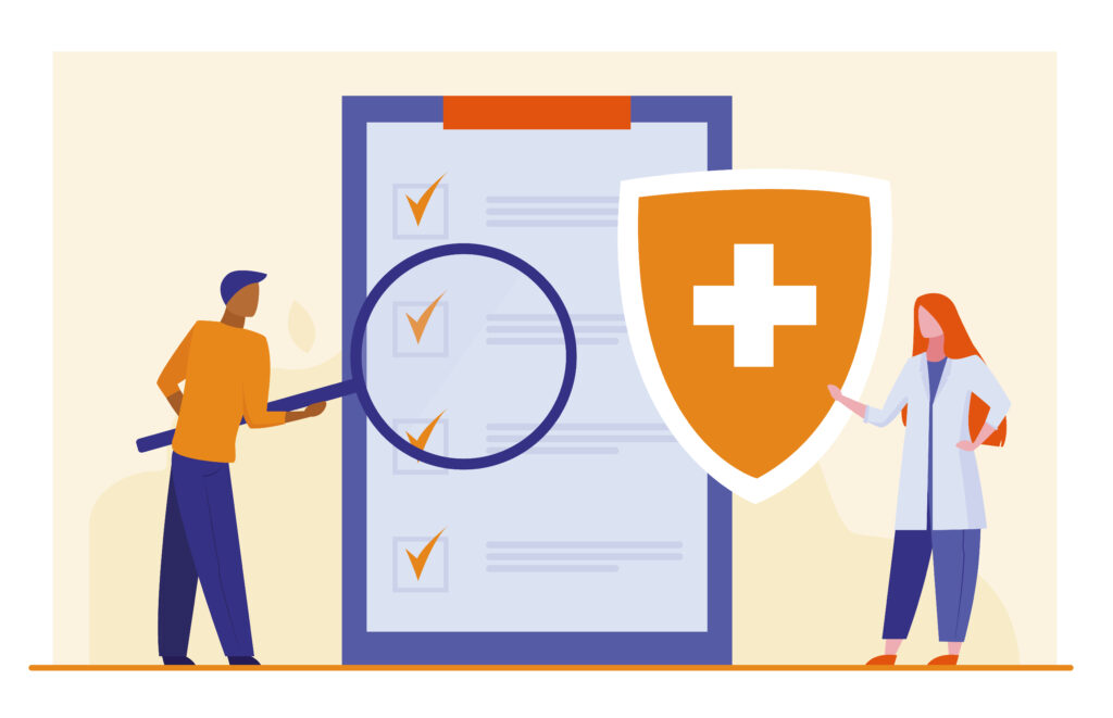 Patient studying medical checkup list. Checklist, doctor, shield flat vector illustration. Healthcare, examination, medicine concept for banner, website design or landing web page
